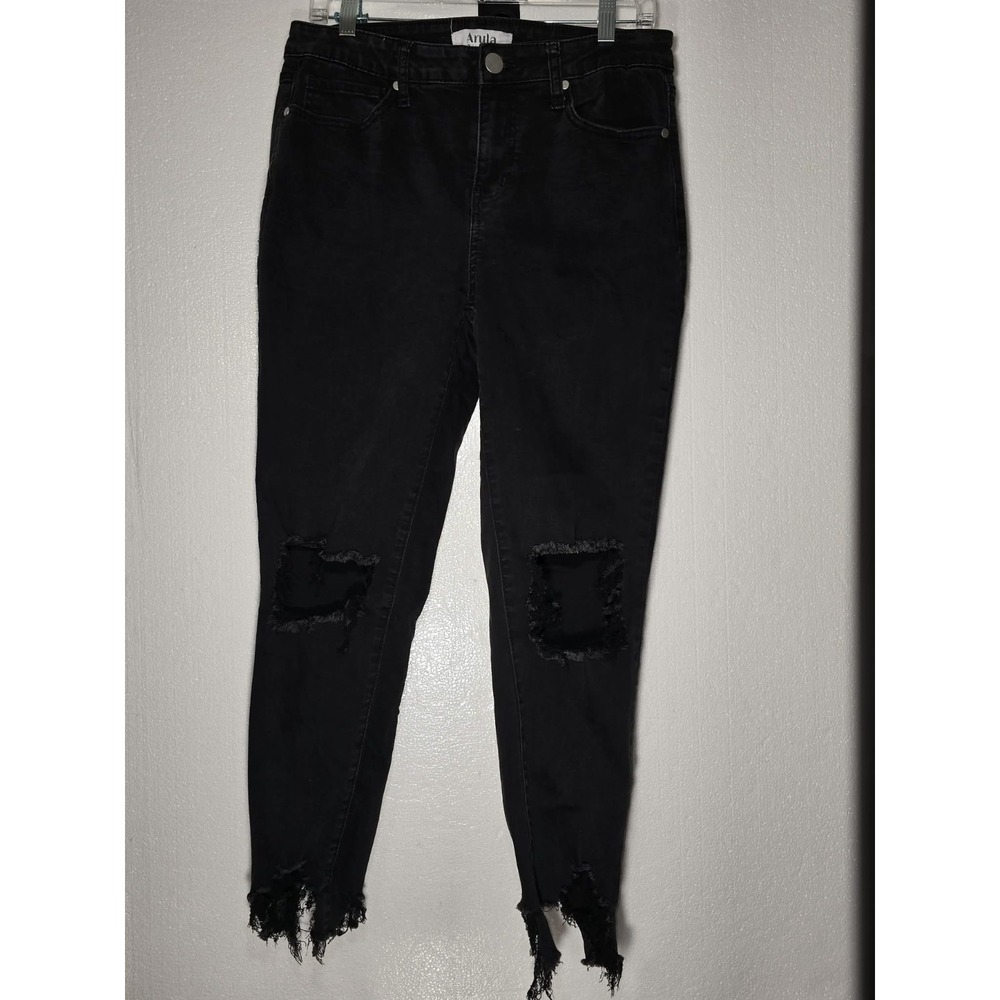 ⭐️‎ Arula Women's Distressed Black Skinny Jeans Size 10 Raw Hem Stretch ⭐️